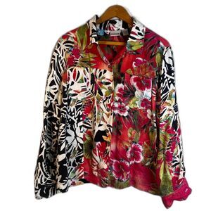 Chicos 100% Linen Bold Maximalist Button‎ Front Mixed Print Floral Top Size 2/MD